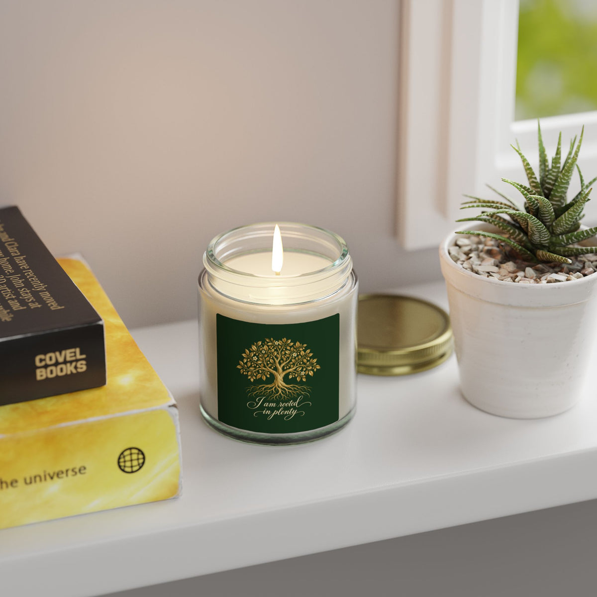 Rooted in Plenty Affirmation Candle | Gold Tree Design | Coconut Apricot Wax