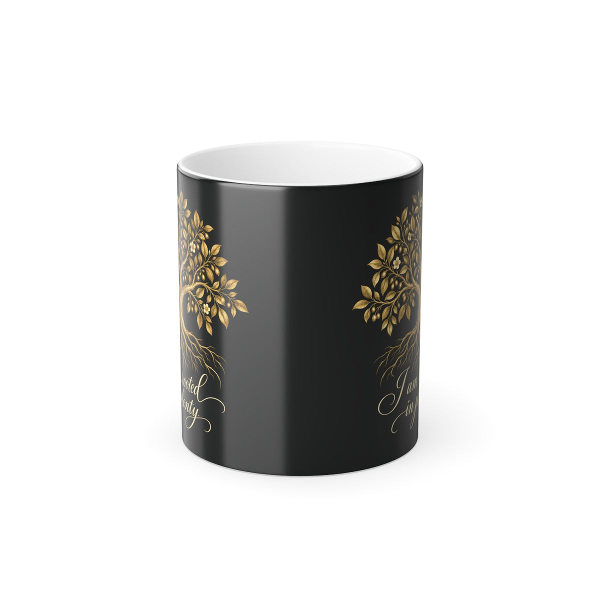 Rooted in Plenty Heat-Reveal Mug | Gold Tree Affirmation | 11 oz Color-Changing Cup