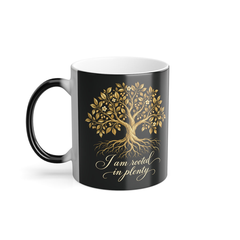 Rooted in Plenty Heat-Reveal Mug | Gold Tree Affirmation | 11 oz Color-Changing Cup