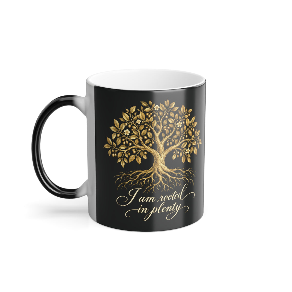 Rooted in Plenty Heat-Reveal Mug | Gold Tree Affirmation | 11 oz Color-Changing Cup