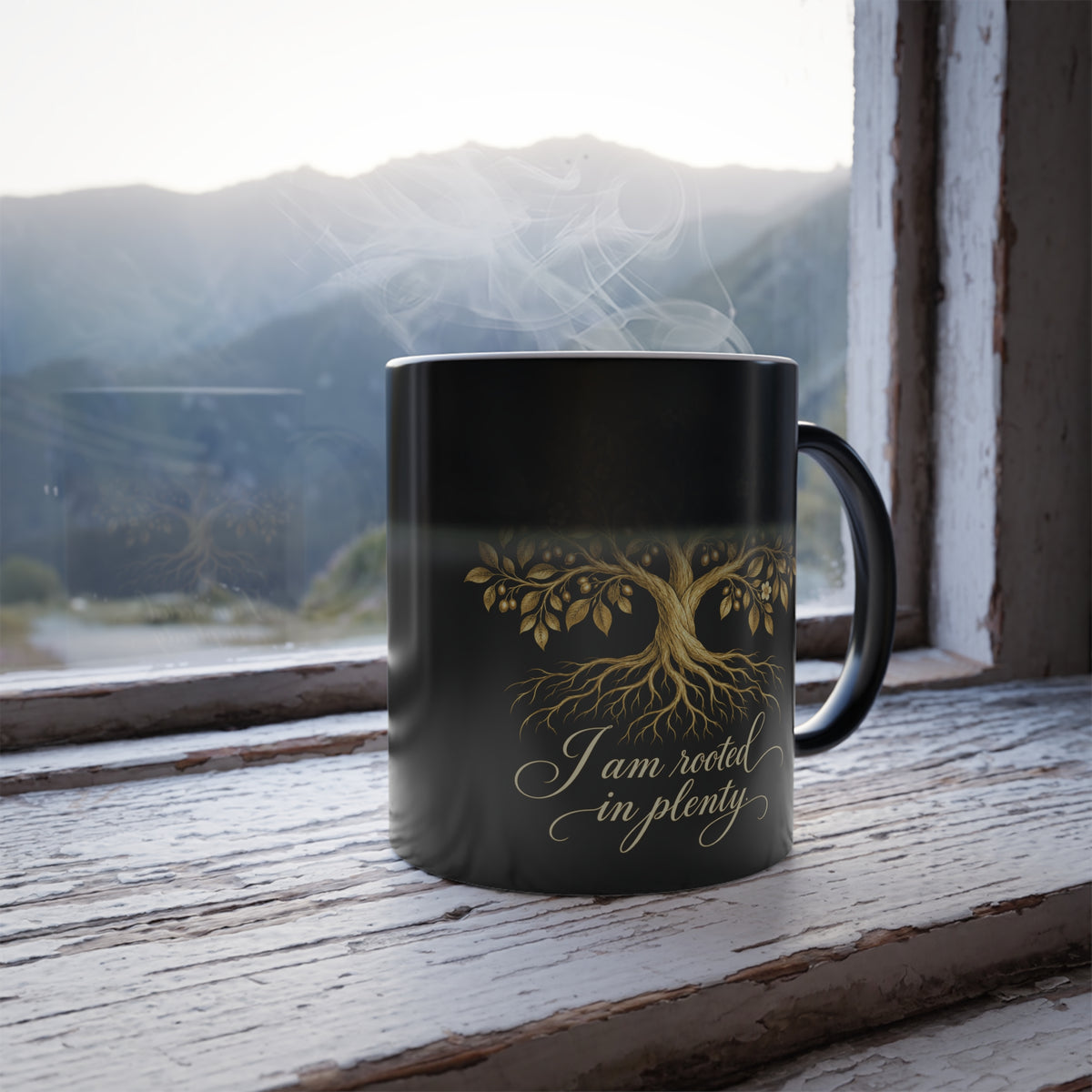 Rooted in Plenty Heat-Reveal Mug | Gold Tree Affirmation | 11 oz Color-Changing Cup