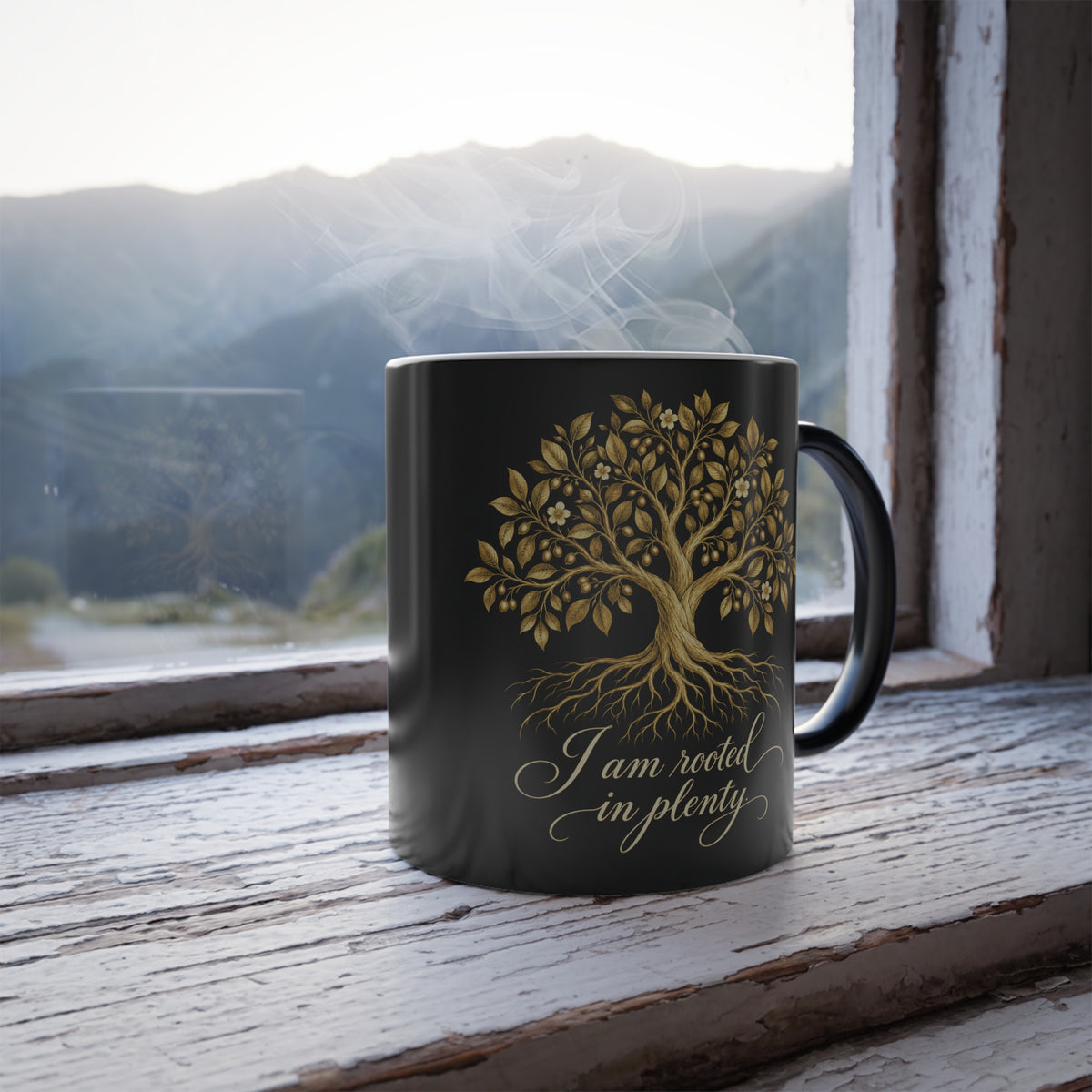 Rooted in Plenty Heat-Reveal Mug | Gold Tree Affirmation | 11 oz Color-Changing Cup