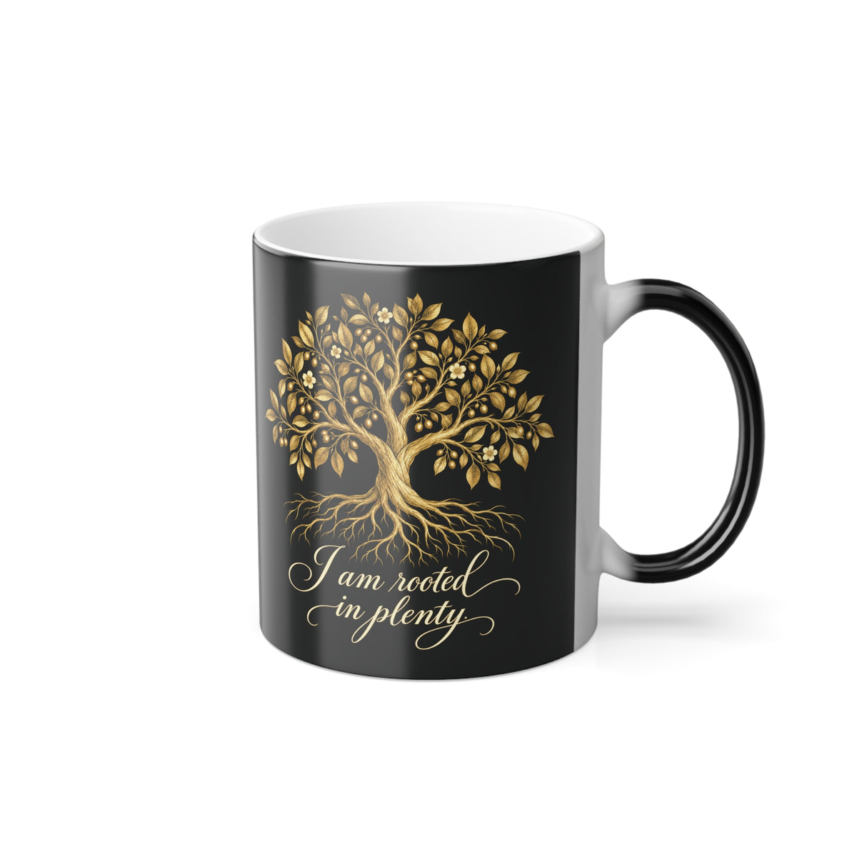 Rooted in Plenty Heat-Reveal Mug | Gold Tree Affirmation | 11 oz Color-Changing Cup
