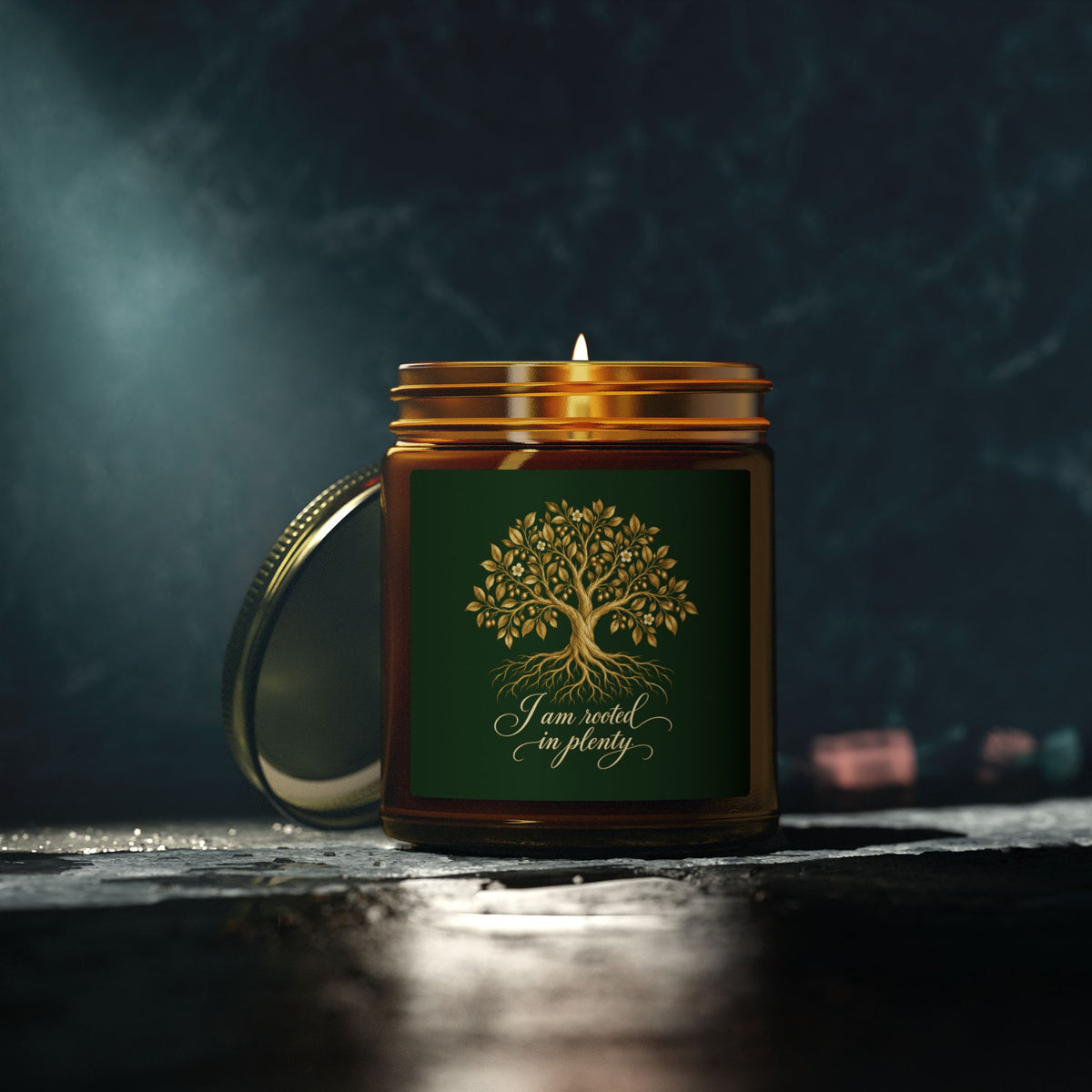 Rooted in Plenty Affirmation Candle | Gold Tree Design | Coconut Apricot Wax