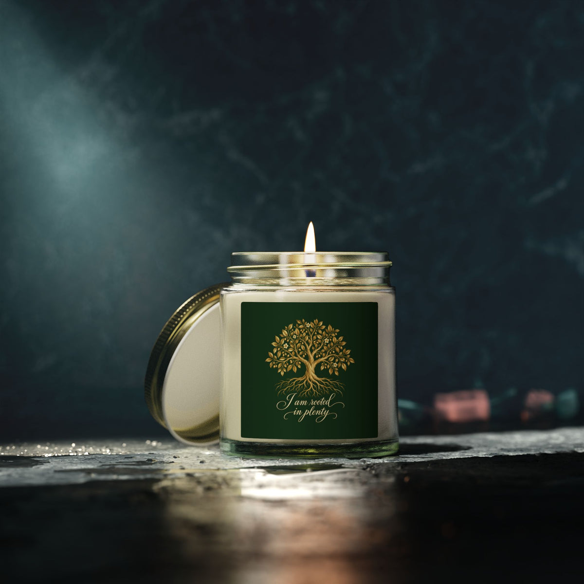 Rooted in Plenty Affirmation Candle | Gold Tree Design | Coconut Apricot Wax