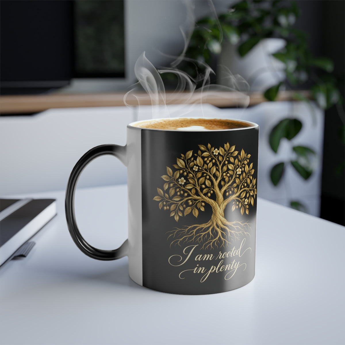 Rooted in Plenty Heat-Reveal Mug | Gold Tree Affirmation | 11 oz Color-Changing Cup