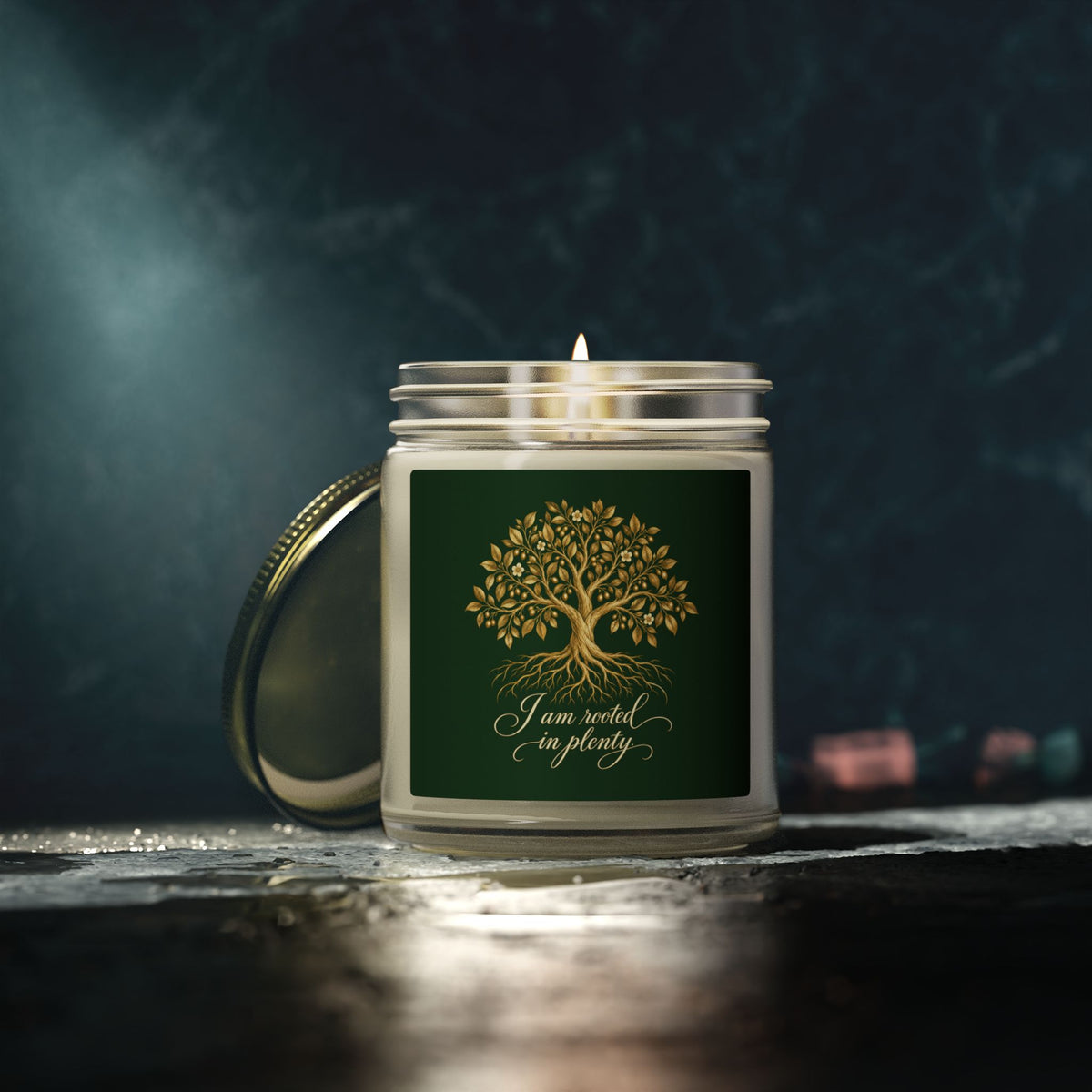 Rooted in Plenty Affirmation Candle | Gold Tree Design | Coconut Apricot Wax