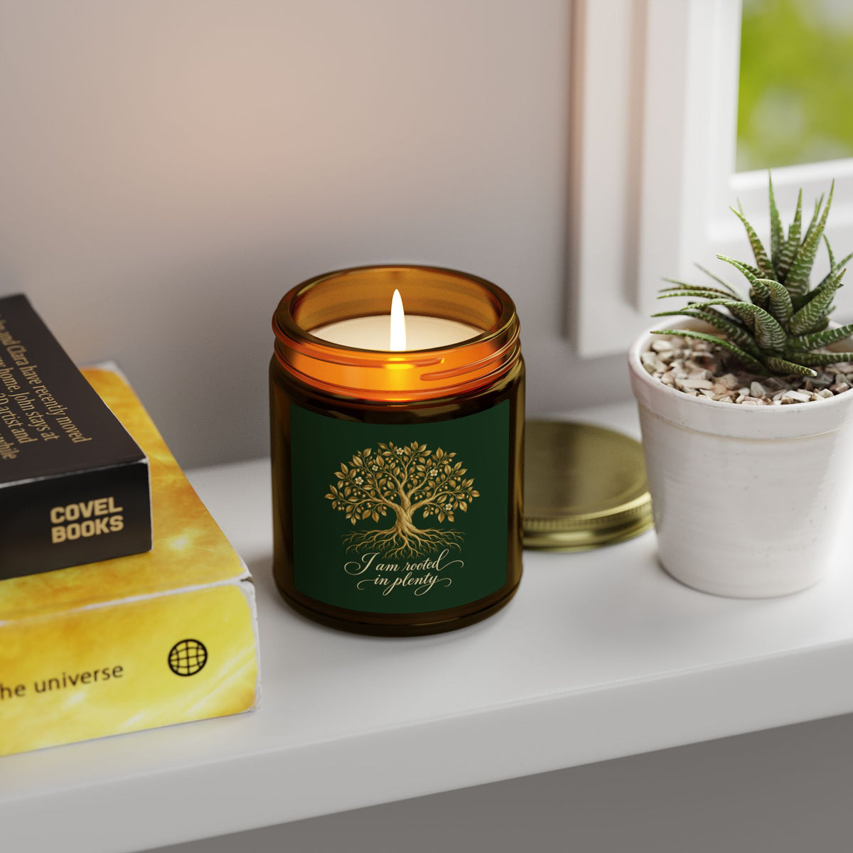 Rooted in Plenty Affirmation Candle | Gold Tree Design | Coconut Apricot Wax