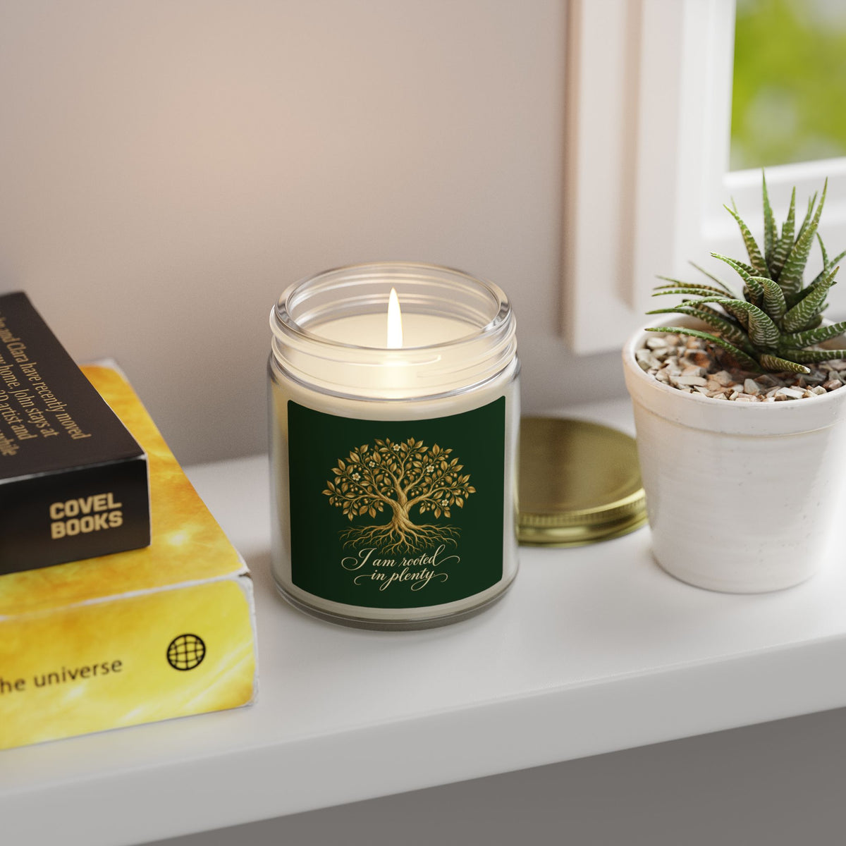 Rooted in Plenty Affirmation Candle | Gold Tree Design | Coconut Apricot Wax